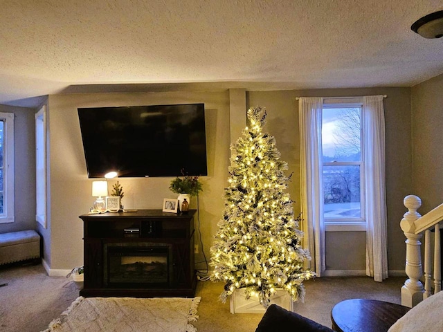 carpeted living room with a textured ceiling