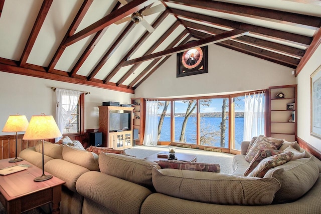 2572 N Shore Dr, Delavan, WI 53115 - living area with high vaulted ceiling, beam ceiling, and ceiling fan