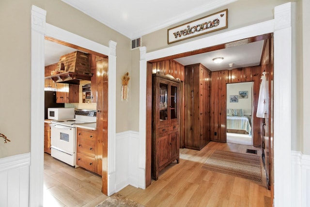 2572 N Shore Dr, Delavan, WI 53115 - hallway with light wood-style flooring, a wainscoted wall, a decorative wall, and ornamental molding