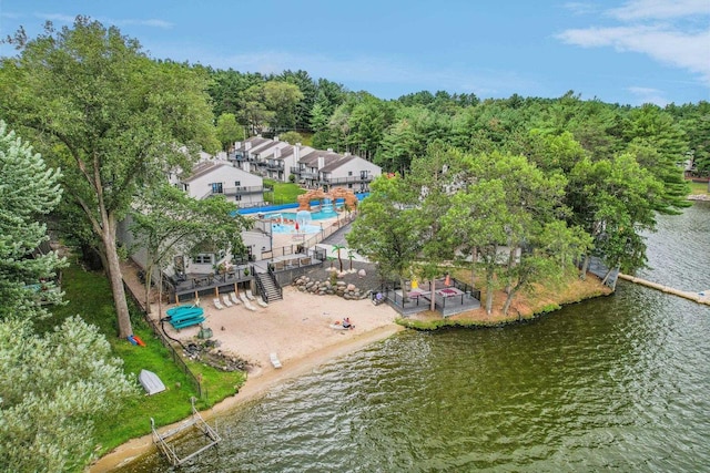 1093 Canyon Rd Unit 406, Wisconsin Dells, WI 53965 - aerial overview of property's location with a pool area and a large body of water