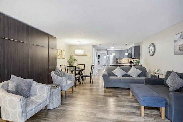 living room featuring a textured ceiling and wood-type flooring