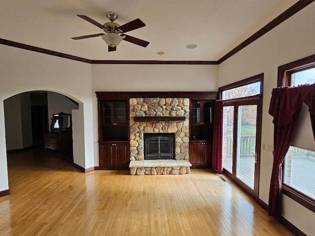 unfurnished living room with a fireplace, light hardwood / wood-style floors, and a healthy amount of sunlight