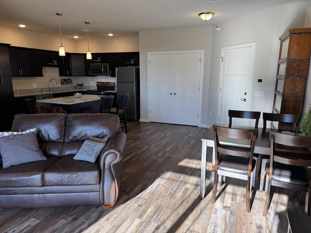 living room featuring dark hardwood / wood-style flooring and sink