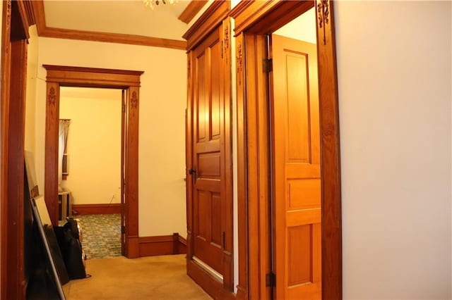 hall with carpet floors and ornamental molding