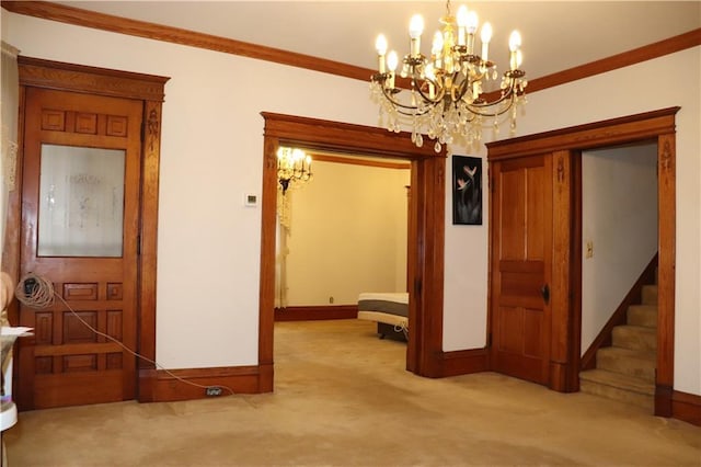 interior space featuring light carpet, crown molding, and an inviting chandelier