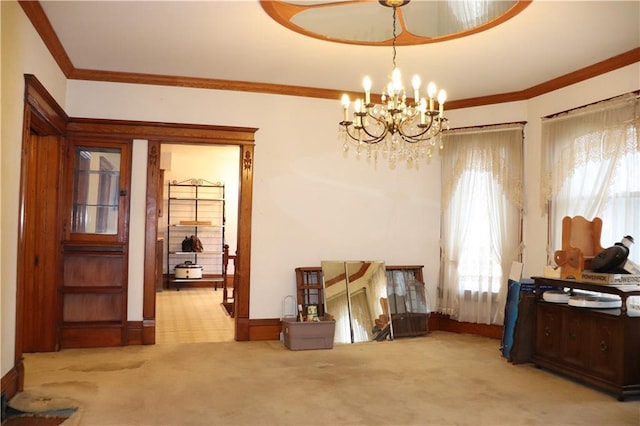 interior space with a chandelier and ornamental molding