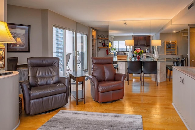 living room with plenty of natural light and light hardwood / wood-style floors