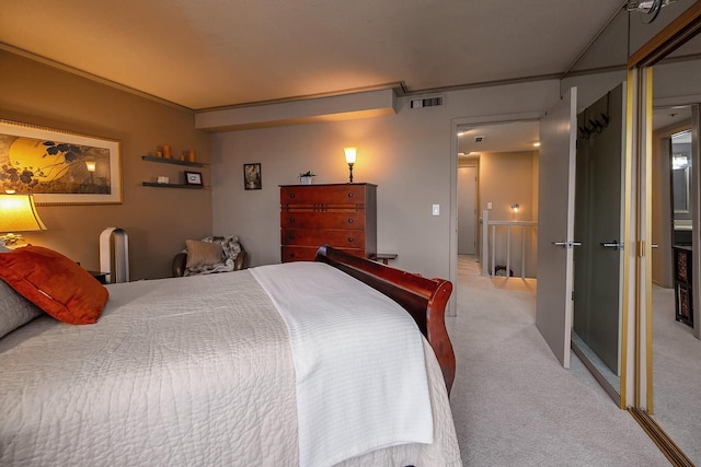 carpeted bedroom with crown molding