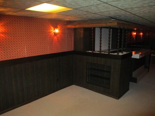 basement featuring a paneled ceiling, carpet floors, and wood walls