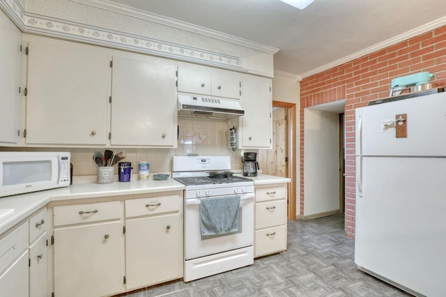 kitchen featuring tasteful backsplash, white appliances, crown molding, and light parquet flooring