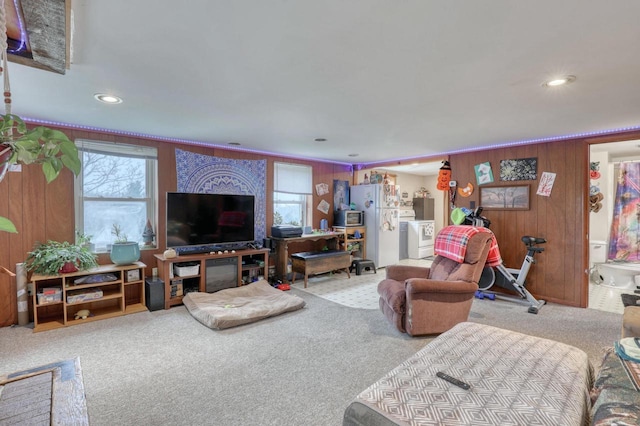 living room with carpet flooring and wood walls