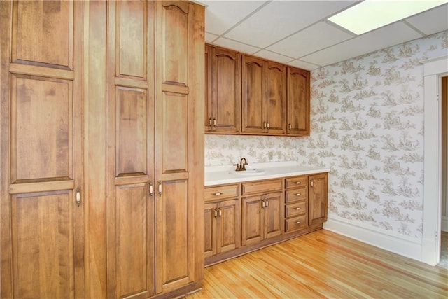 kitchen featuring a drop ceiling, light hardwood / wood-style floors, and sink