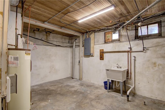 basement with electric water heater, sink, and electric panel