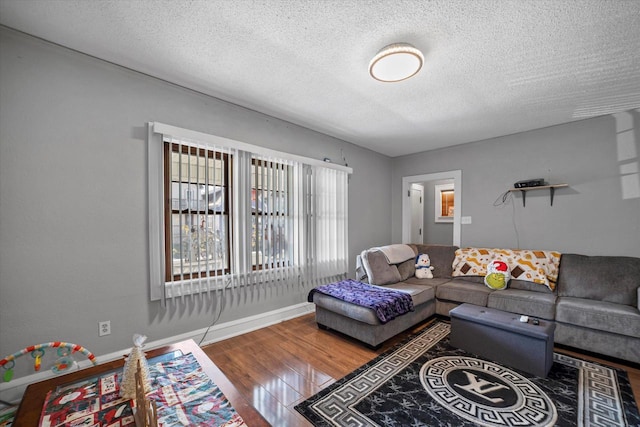 living room featuring a textured ceiling and hardwood / wood-style flooring