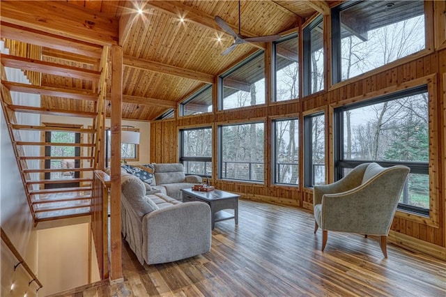 living room featuring beamed ceiling, wooden ceiling, hardwood / wood-style floors, and wooden walls