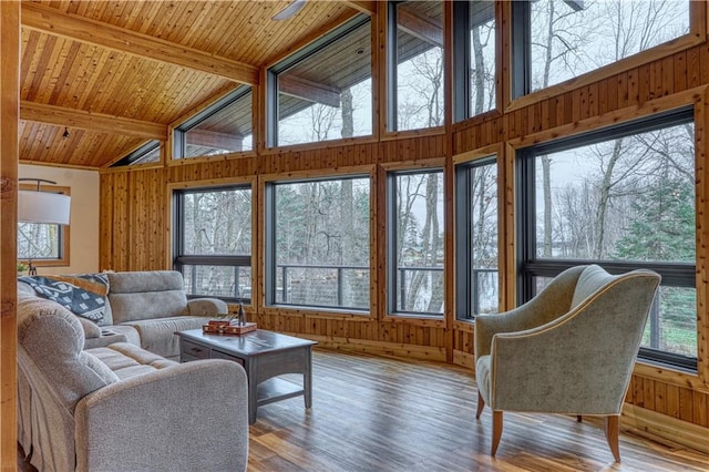 sunroom featuring lofted ceiling with beams, a wealth of natural light, and wood ceiling