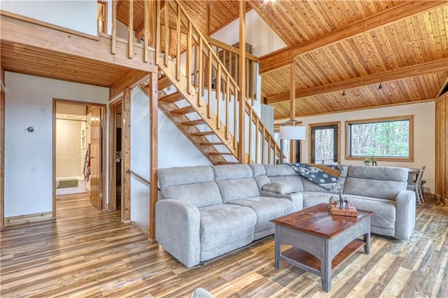 living room with hardwood / wood-style flooring, vaulted ceiling with beams, and wood ceiling