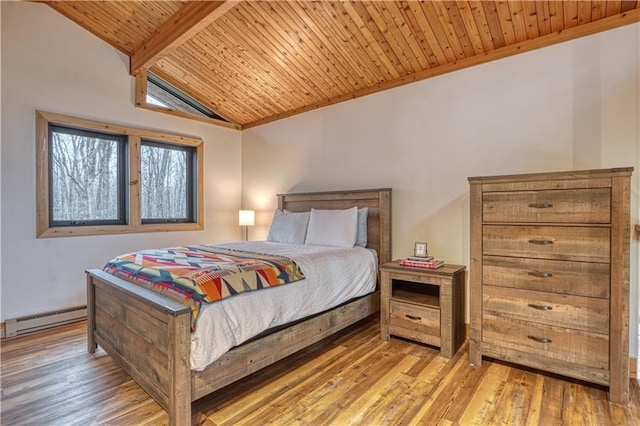 bedroom featuring lofted ceiling with beams, a baseboard radiator, light hardwood / wood-style flooring, and wood ceiling