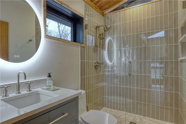 bathroom with vanity, toilet, and an enclosed shower