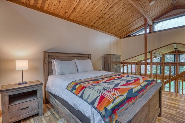 bedroom with hardwood / wood-style floors, vaulted ceiling with beams, and wooden ceiling