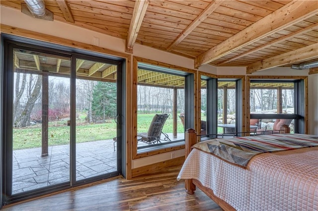 bedroom featuring access to exterior, hardwood / wood-style floors, wood ceiling, and beam ceiling