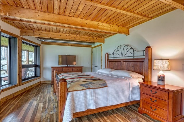 bedroom with hardwood / wood-style flooring, wooden ceiling, and beamed ceiling