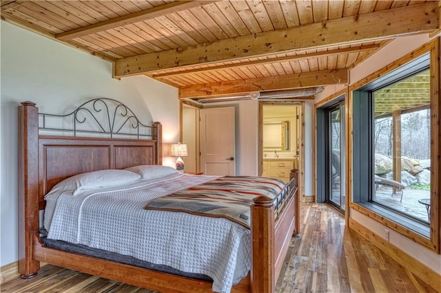 bedroom with hardwood / wood-style floors, wood ceiling, beamed ceiling, and access to outside