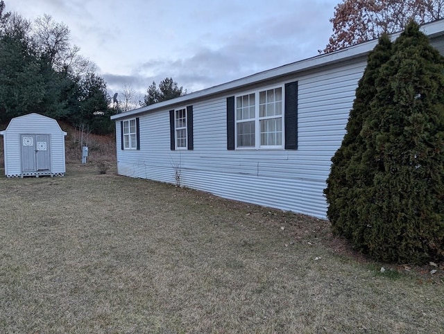 view of property exterior featuring a shed