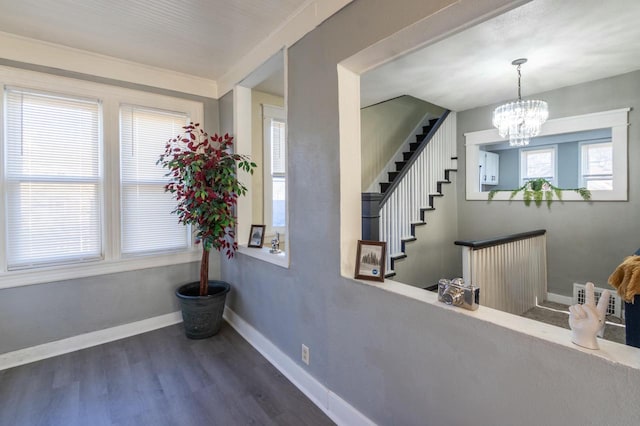 foyer entrance with dark hardwood / wood-style flooring and a chandelier