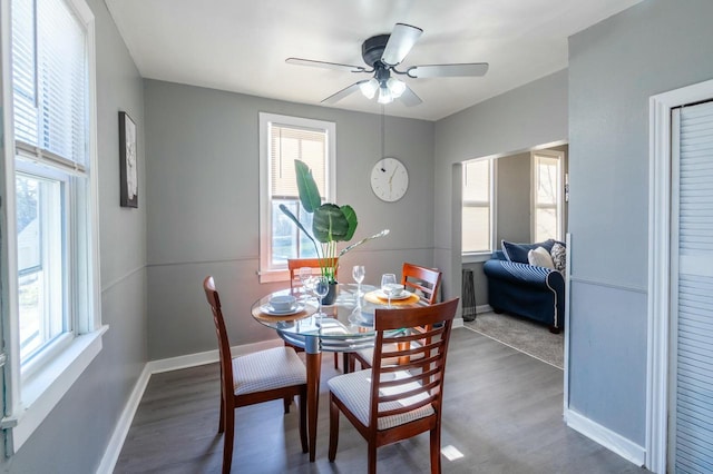 dining space with ceiling fan and dark hardwood / wood-style floors