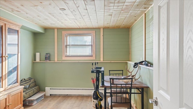 sitting room with wood walls, light hardwood / wood-style flooring, and wood ceiling