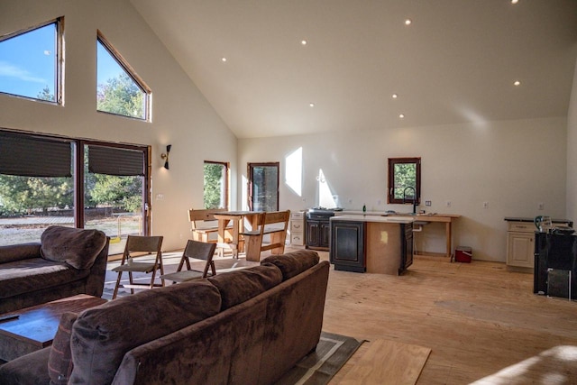 living room featuring plenty of natural light, light hardwood / wood-style floors, and high vaulted ceiling