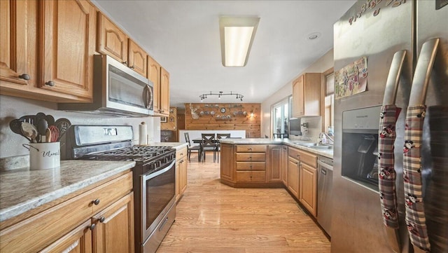 kitchen with appliances with stainless steel finishes, rail lighting, light hardwood / wood-style floors, and sink