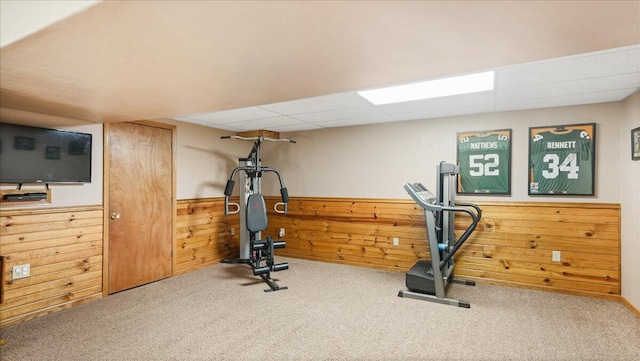 workout room featuring carpet flooring, a drop ceiling, and wood walls