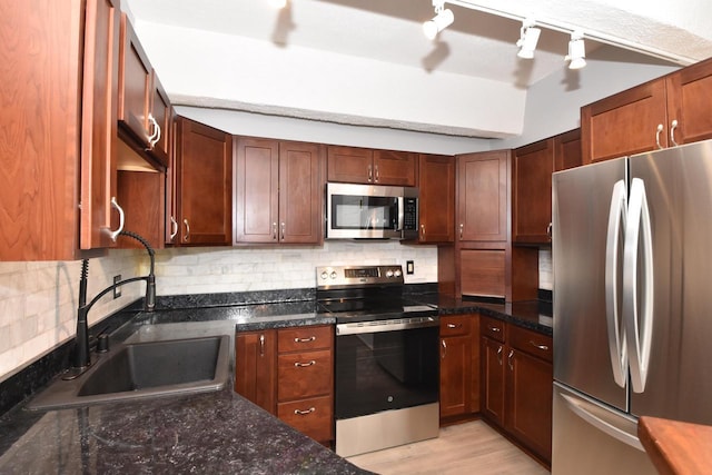 kitchen featuring appliances with stainless steel finishes, backsplash, rail lighting, sink, and light hardwood / wood-style floors