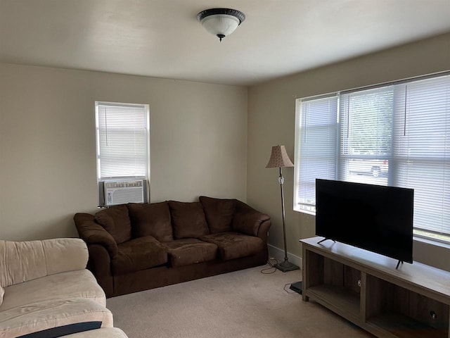 living room with light carpet and cooling unit