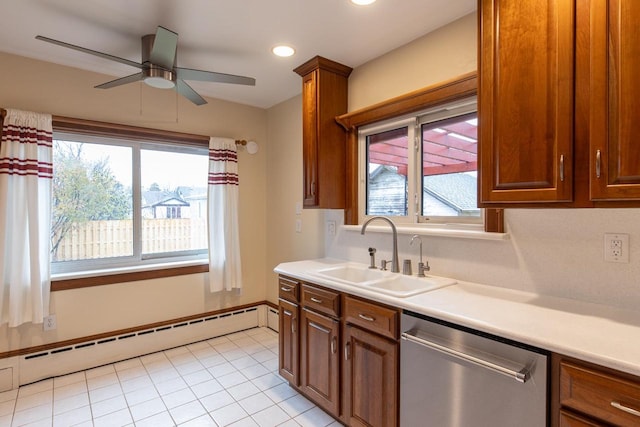 kitchen featuring stainless steel dishwasher, a healthy amount of sunlight, baseboard heating, and sink