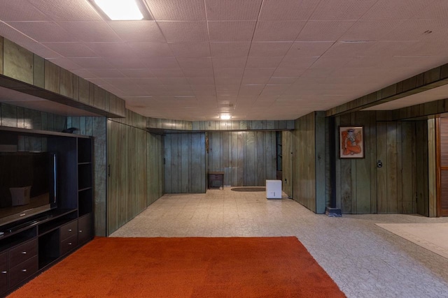 basement featuring wood walls and light carpet