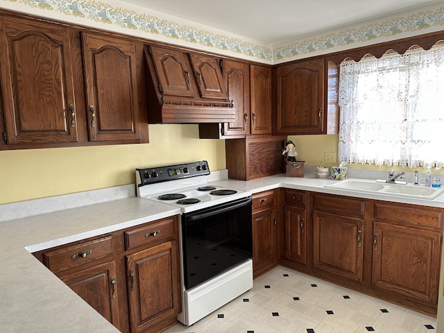 kitchen with electric range, premium range hood, and sink