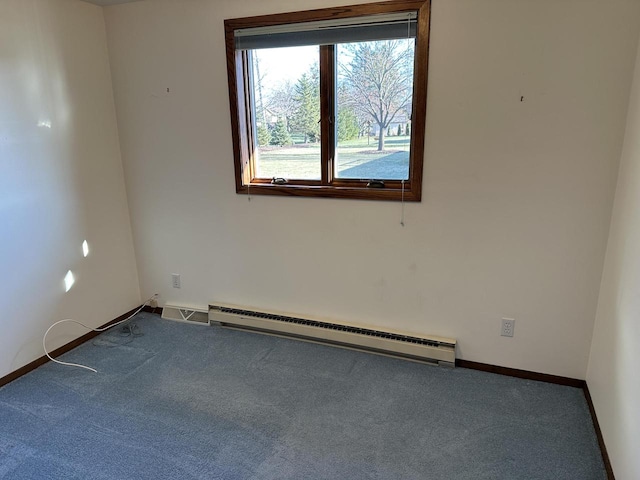 carpeted empty room featuring a baseboard radiator