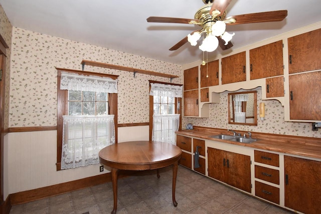 kitchen featuring ceiling fan, ornamental molding, and sink