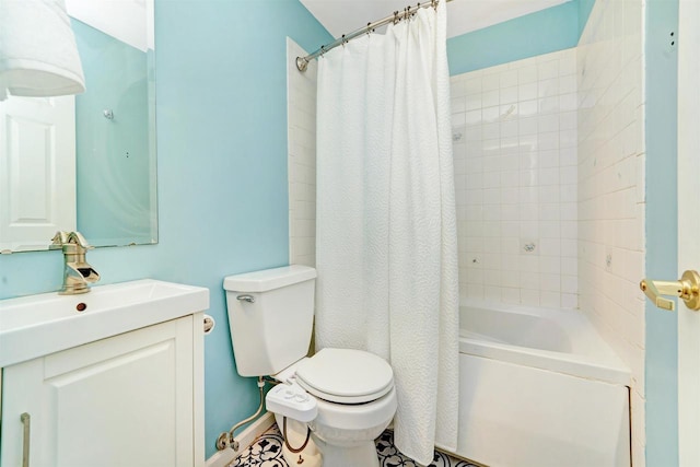 full bathroom featuring shower / bathtub combination with curtain, tile patterned flooring, vanity, and toilet