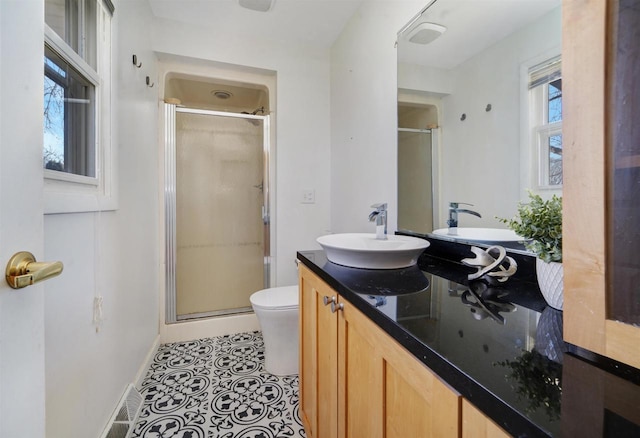 bathroom with vanity, a healthy amount of sunlight, toilet, and a shower with shower door