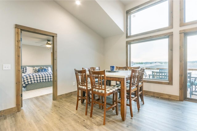 dining space featuring a healthy amount of sunlight, a towering ceiling, and light hardwood / wood-style flooring