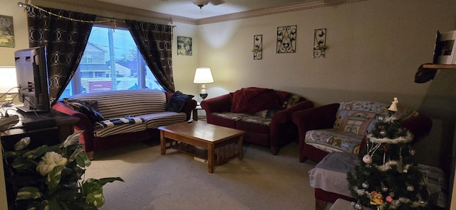 living room with crown molding and carpet