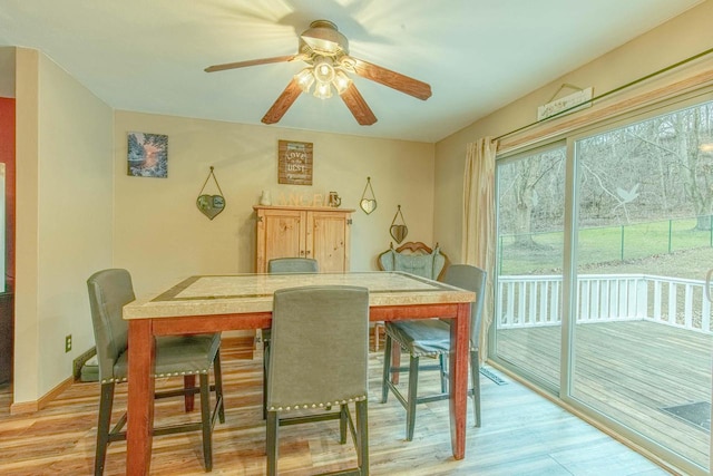 dining area featuring ceiling fan and light hardwood / wood-style floors