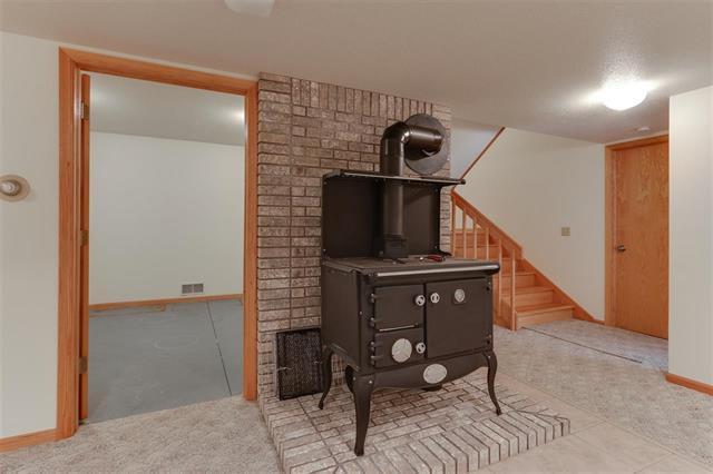 playroom with carpet floors and a wood stove