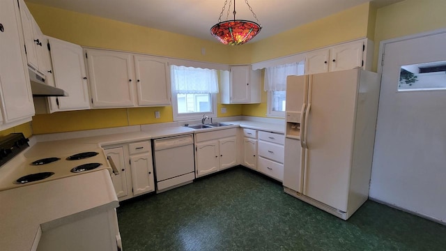 kitchen with sink, white cabinets, pendant lighting, and white appliances