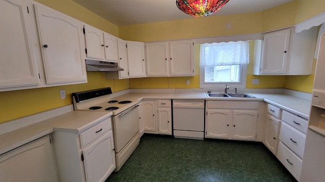 kitchen with white cabinets, white appliances, and sink