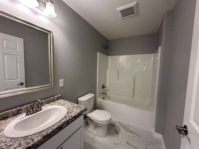 full bathroom with bathing tub / shower combination, vanity, and toilet